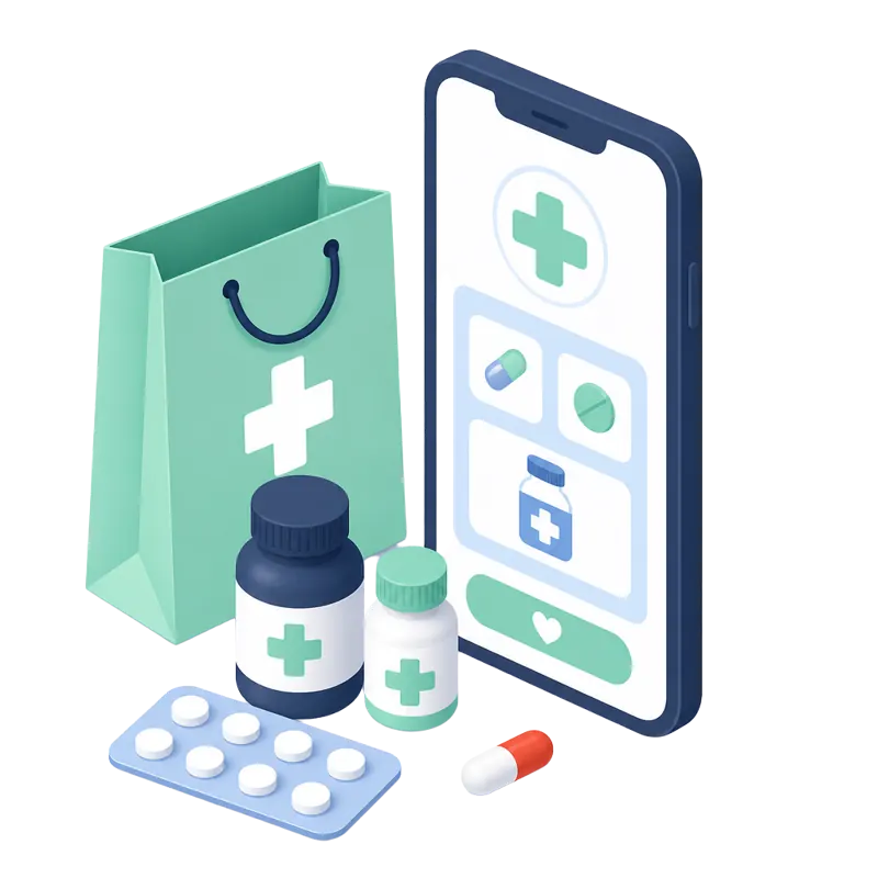 Medication boxes, a pill bottle and a phone showing the UrPharm search screen